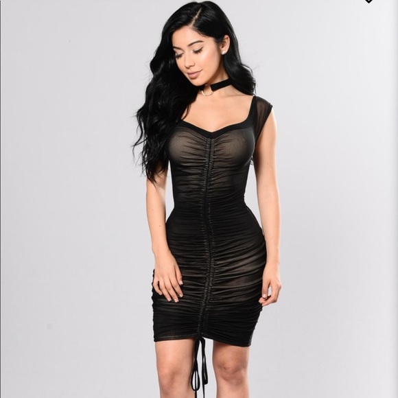 black mesh ruched bodycon dress